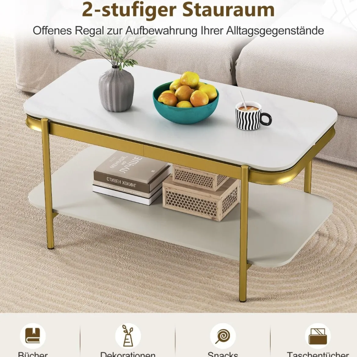 Rechteckiger Couchtisch Moderner Sofatisch Cocktailtisch Kaffeetisch Akzenttisch Weiß