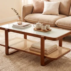 Rechteckiger Couchtisch Wohnzimmertisch mit Massivem Holzrahmen 105 x 50,5 x 45 cm Walnuss