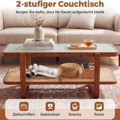 Rechteckiger Couchtisch Wohnzimmertisch mit Massivem Holzrahmen 105 x 50,5 x 45 cm Walnuss