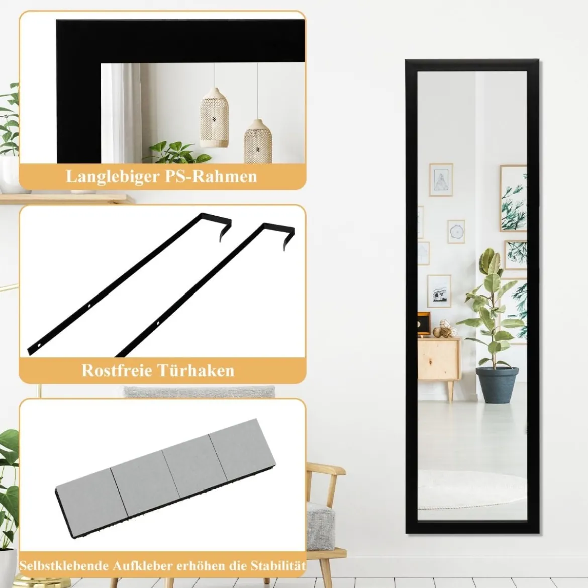Rechteckiger Ganzkörperspiegel mit Hängehaken für Tür 33x119cm Schwarz