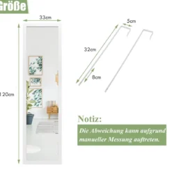 Rechteckiger Ganzkörperspiegel mit Hängehaken für Tür 33x119cm Weiß