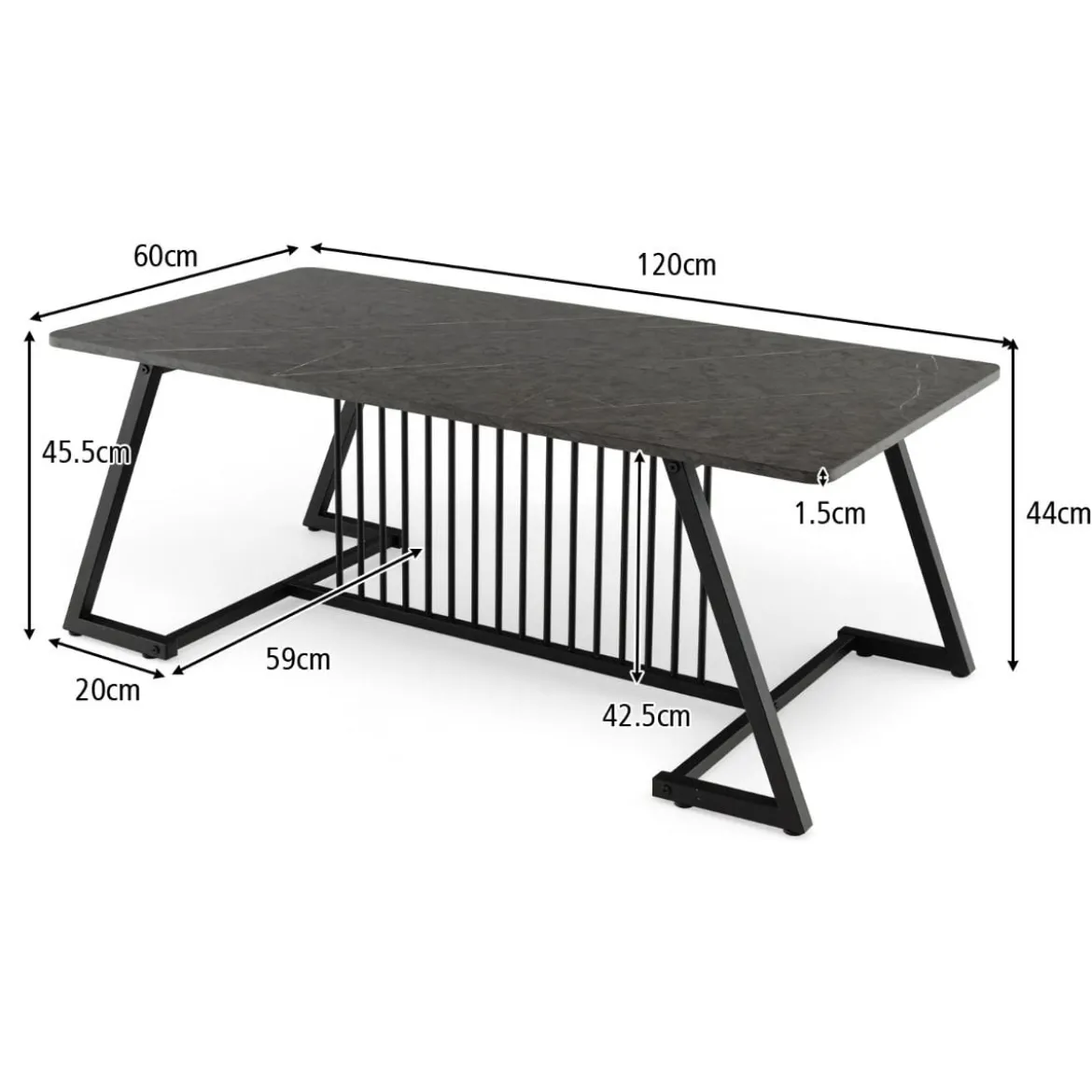 Rechteckiger Kaffeetisch Marmor Optik mit Metallrahmen 120 x 60 x 45,5 cm Schwarz