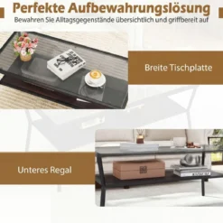 Rechteckiger Sofatisch mit Gehärteter Glasplatte & Geometrischem Metallgestell Moderner Glastisch