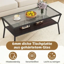 Rechteckiger Sofatisch mit Gehärteter Glasplatte & Geometrischem Metallgestell Moderner Glastisch