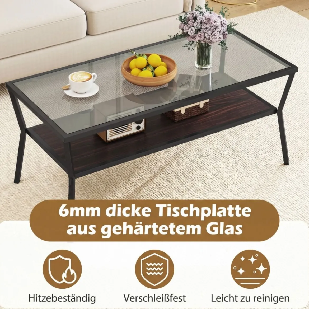 Rechteckiger Sofatisch mit Gehärteter Glasplatte & Geometrischem Metallgestell Moderner Glastisch