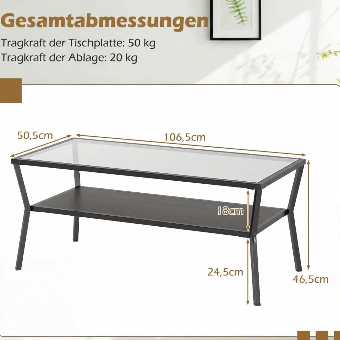 Rechteckiger Sofatisch mit Gehärteter Glasplatte & Geometrischem Metallgestell Moderner Glastisch