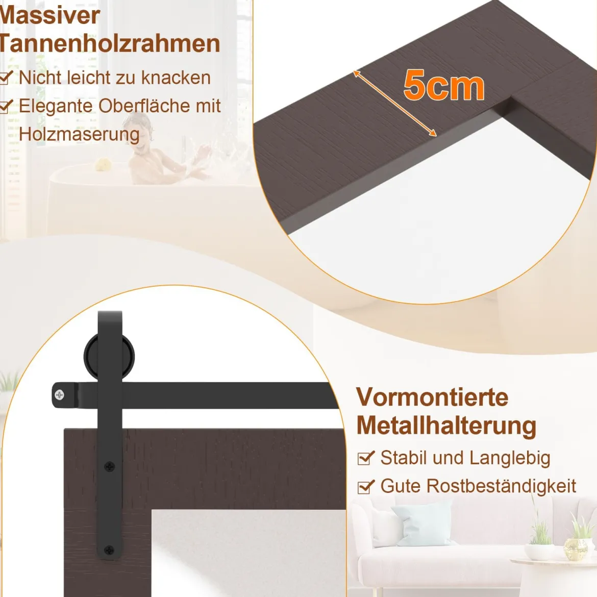 Rechteckiger Spiegel mit Holzrahmen Unbrechbarer Wandspiegel Rustikaler Hängespiegel Dunkelbraun