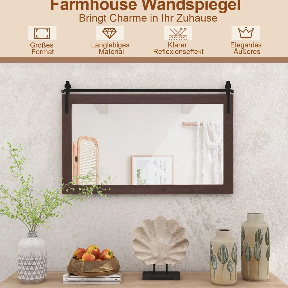 Rechteckiger Spiegel mit Holzrahmen Unbrechbarer Wandspiegel Rustikaler Hängespiegel Dunkelbraun