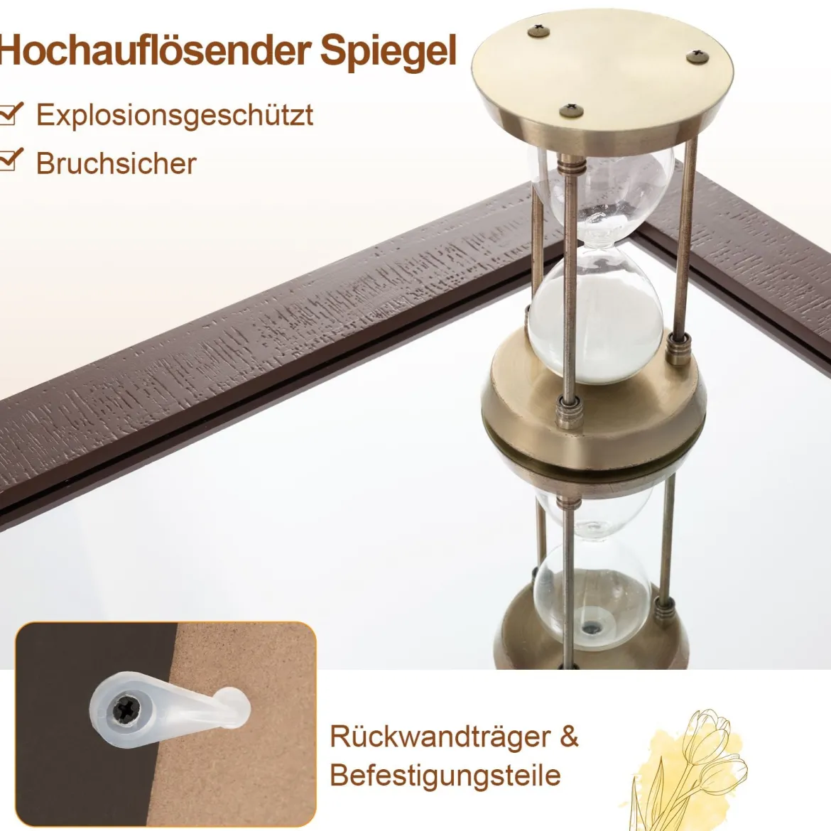 Rechteckiger Spiegel mit Holzrahmen Unbrechbarer Wandspiegel Rustikaler Hängespiegel Dunkelbraun