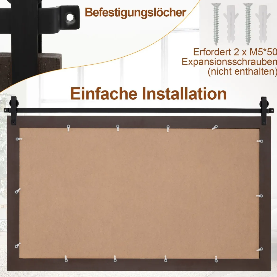 Rechteckiger Spiegel mit Holzrahmen Unbrechbarer Wandspiegel Rustikaler Hängespiegel Dunkelbraun