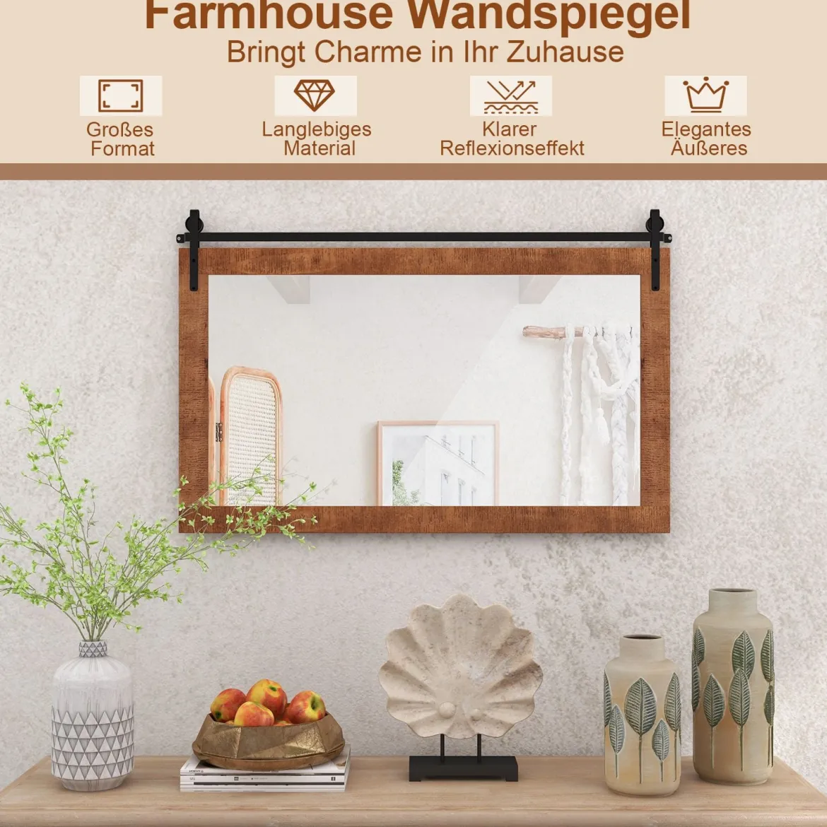 Rechteckiger Spiegel mit Holzrahmen Rustikaler Wandspiegel Unbrechbarer Hängespiegel Braun
