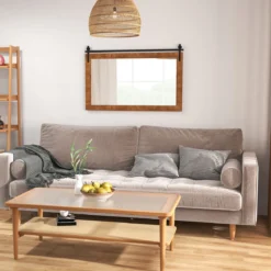 Rechteckiger Spiegel mit Holzrahmen Rustikaler Wandspiegel Unbrechbarer Hängespiegel Braun