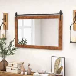 Rechteckiger Spiegel mit Holzrahmen Rustikaler Wandspiegel Unbrechbarer Hängespiegel Braun