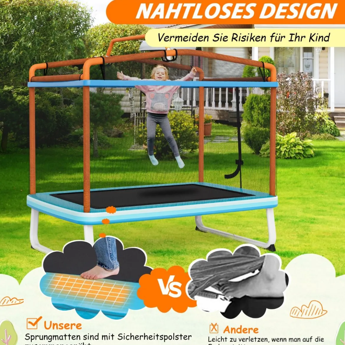 Rechteckiges 3-in-1-Trampolin für Kinder Großes Freizeittrampolin mit Netz 190 x 124 cm