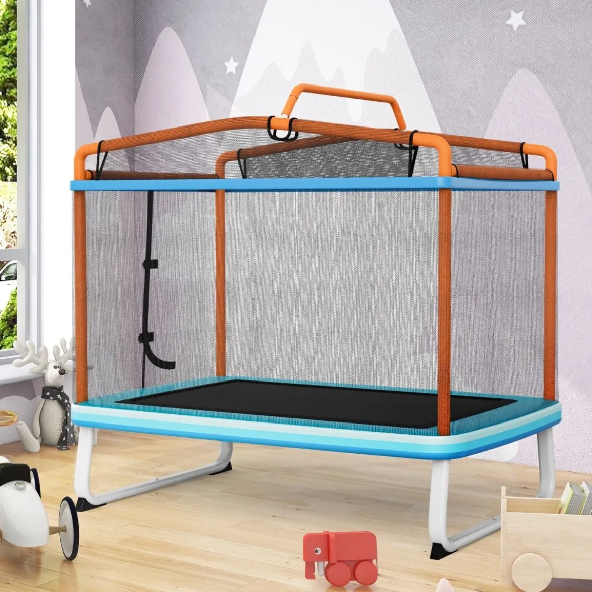 Rechteckiges 3-in-1-Trampolin für Kinder Großes Freizeittrampolin mit Netz 190 x 124 cm