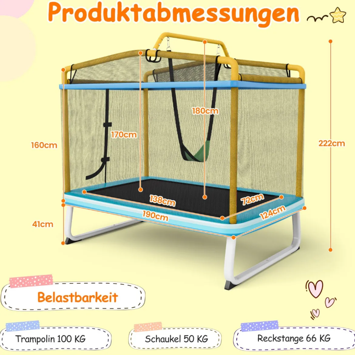 Rechteckiges 3-in-1-Trampolin für Kinder Großes Freizeittrampolin mit Netz 190 x 124 cm