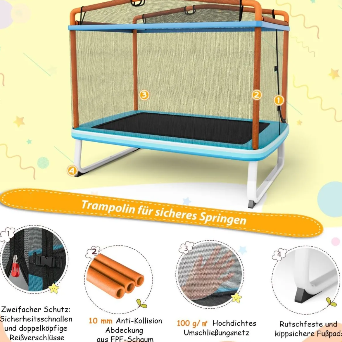 Rechteckiges 3-in-1-Trampolin für Kinder Großes Freizeittrampolin mit Netz 190 x 124 cm