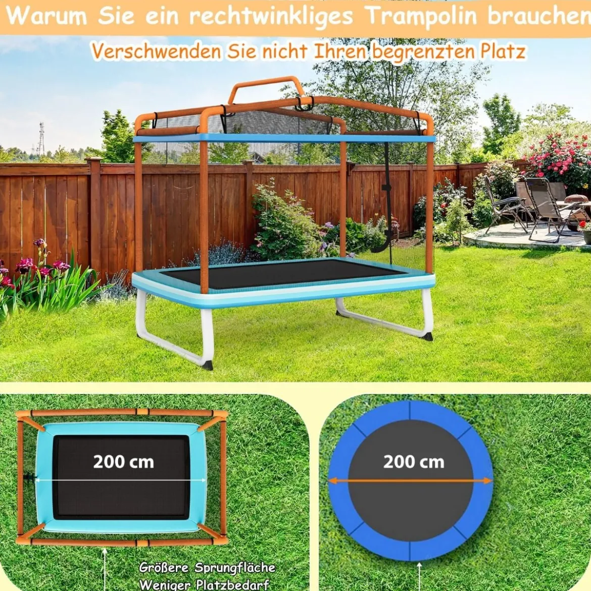 Rechteckiges 3-in-1-Trampolin für Kinder Großes Freizeittrampolin mit Netz 190 x 124 cm