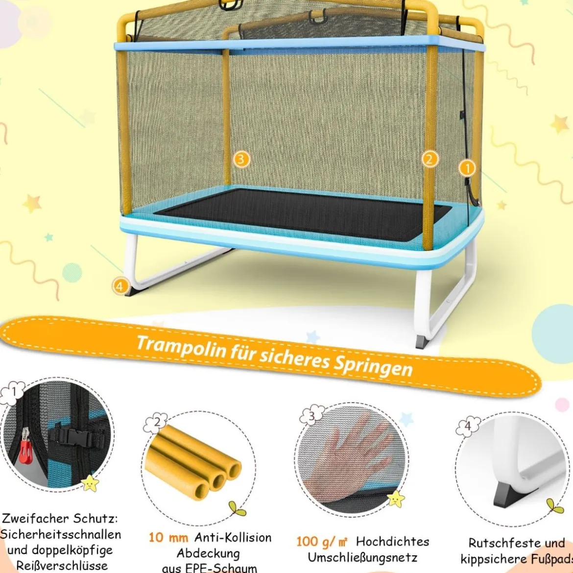Rechteckiges 3-in-1-Trampolin für Kinder Großes Freizeittrampolin mit Netz 190 x 124 cm