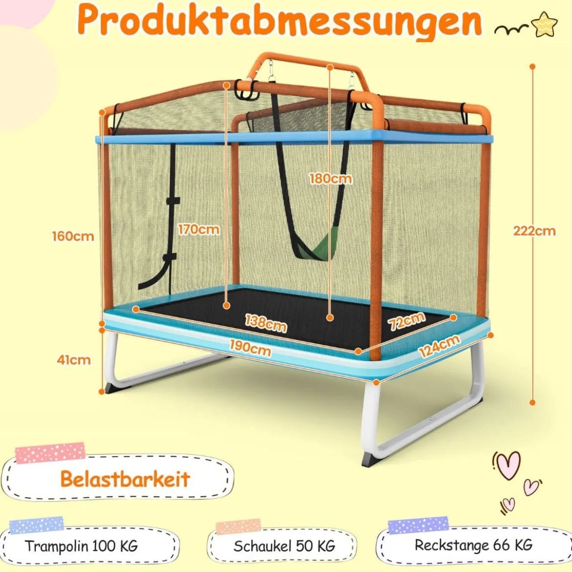 Rechteckiges 3-in-1-Trampolin für Kinder Großes Freizeittrampolin mit Netz 190 x 124 cm