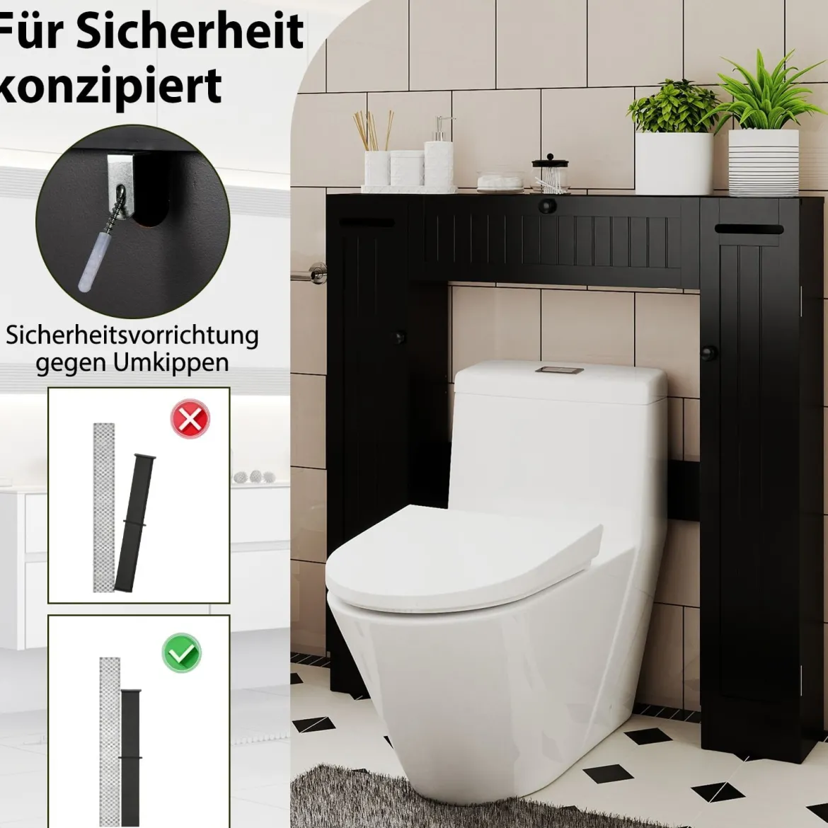 Regal über der Toilette freistehender Badezimmerschrank mit verstellbaren Regalen Toilettenpapierhalter Schwarz