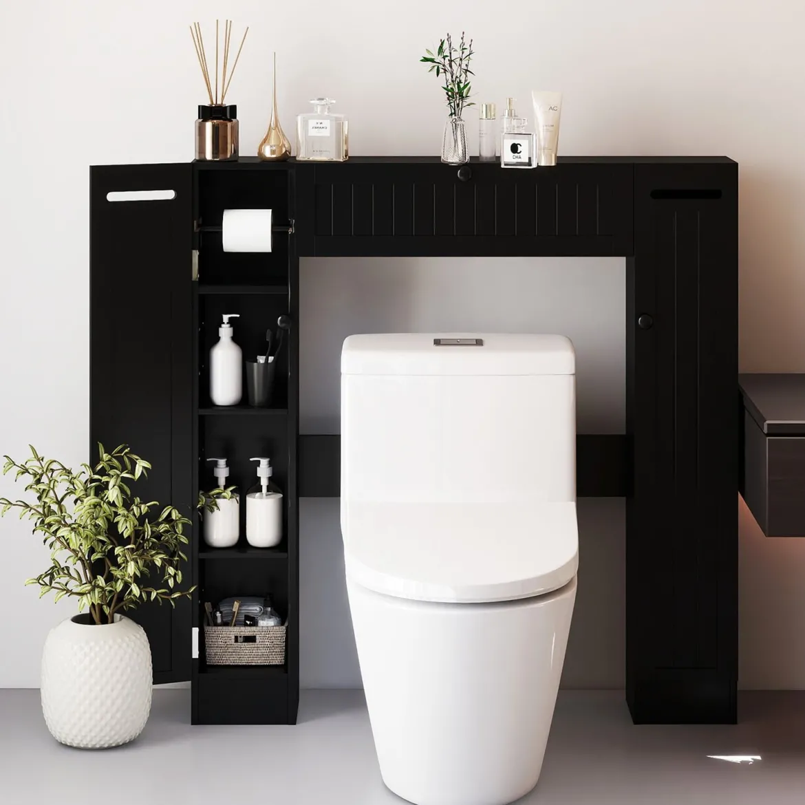 Regal über der Toilette freistehender Badezimmerschrank mit verstellbaren Regalen Toilettenpapierhalter Schwarz