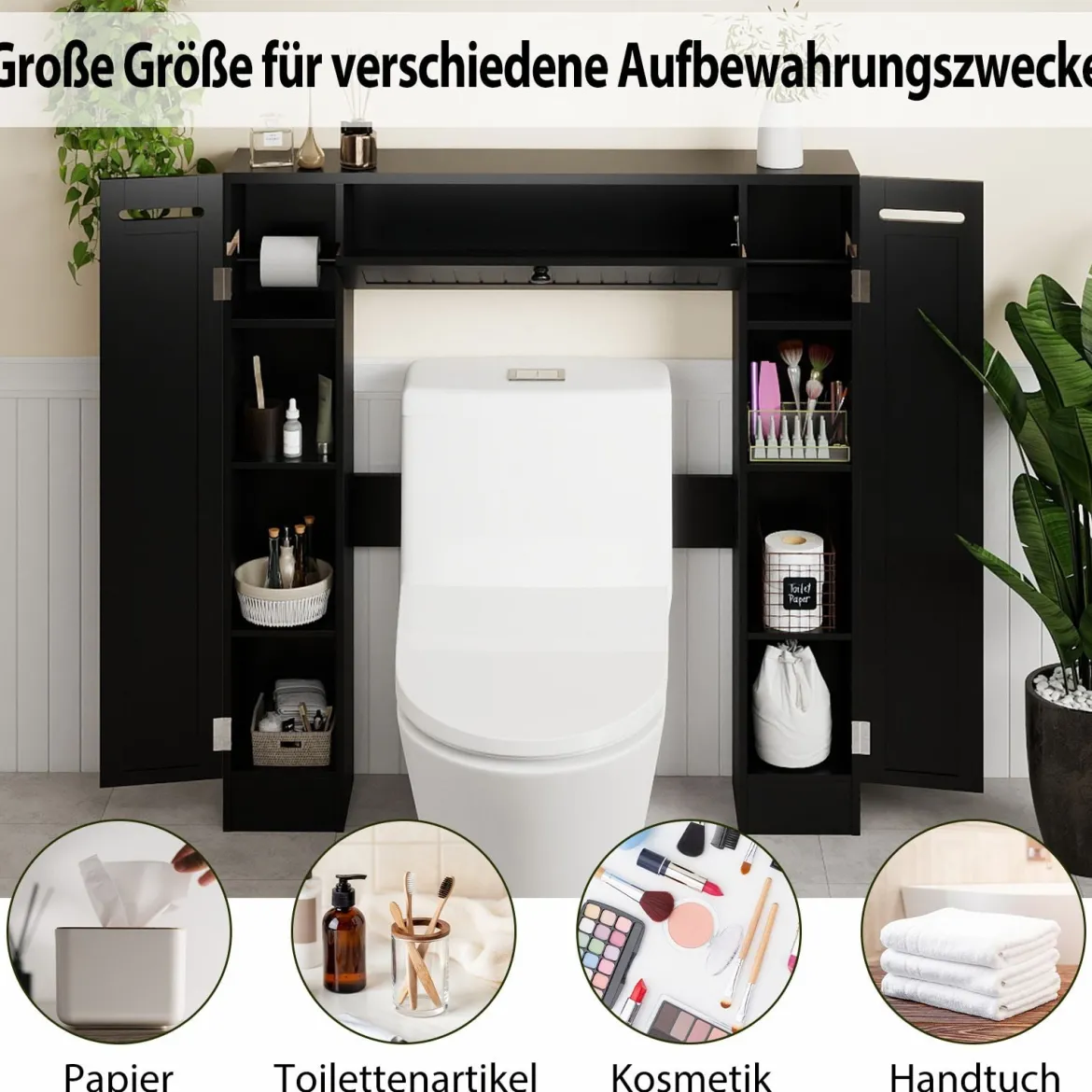 Regal über der Toilette freistehender Badezimmerschrank mit verstellbaren Regalen Toilettenpapierhalter Schwarz