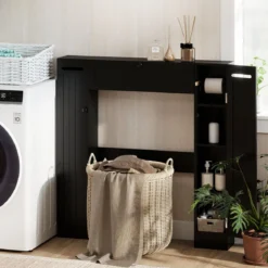 Regal über der Toilette freistehender Badezimmerschrank mit verstellbaren Regalen Toilettenpapierhalter Schwarz