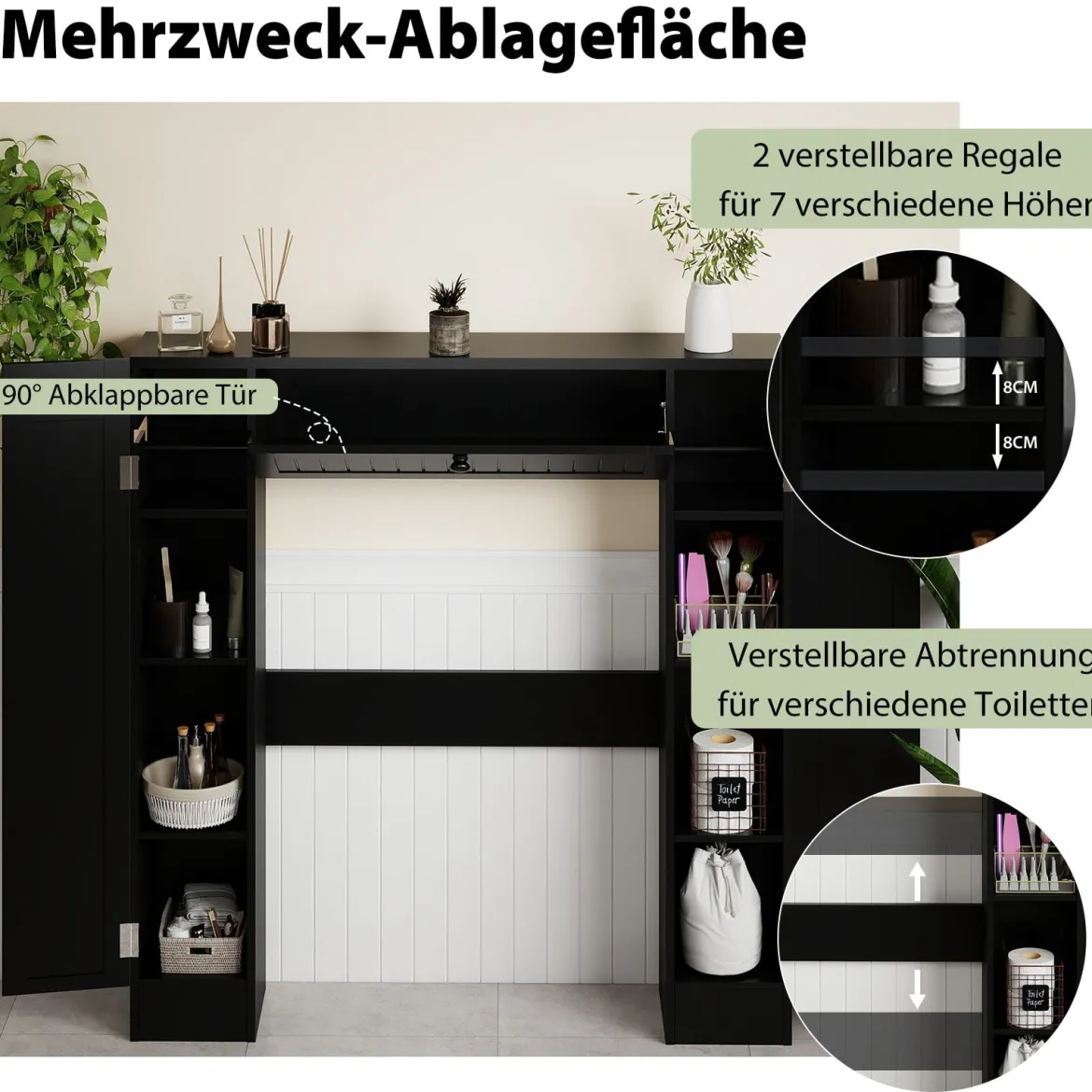 Regal über der Toilette freistehender Badezimmerschrank mit verstellbaren Regalen Toilettenpapierhalter Schwarz