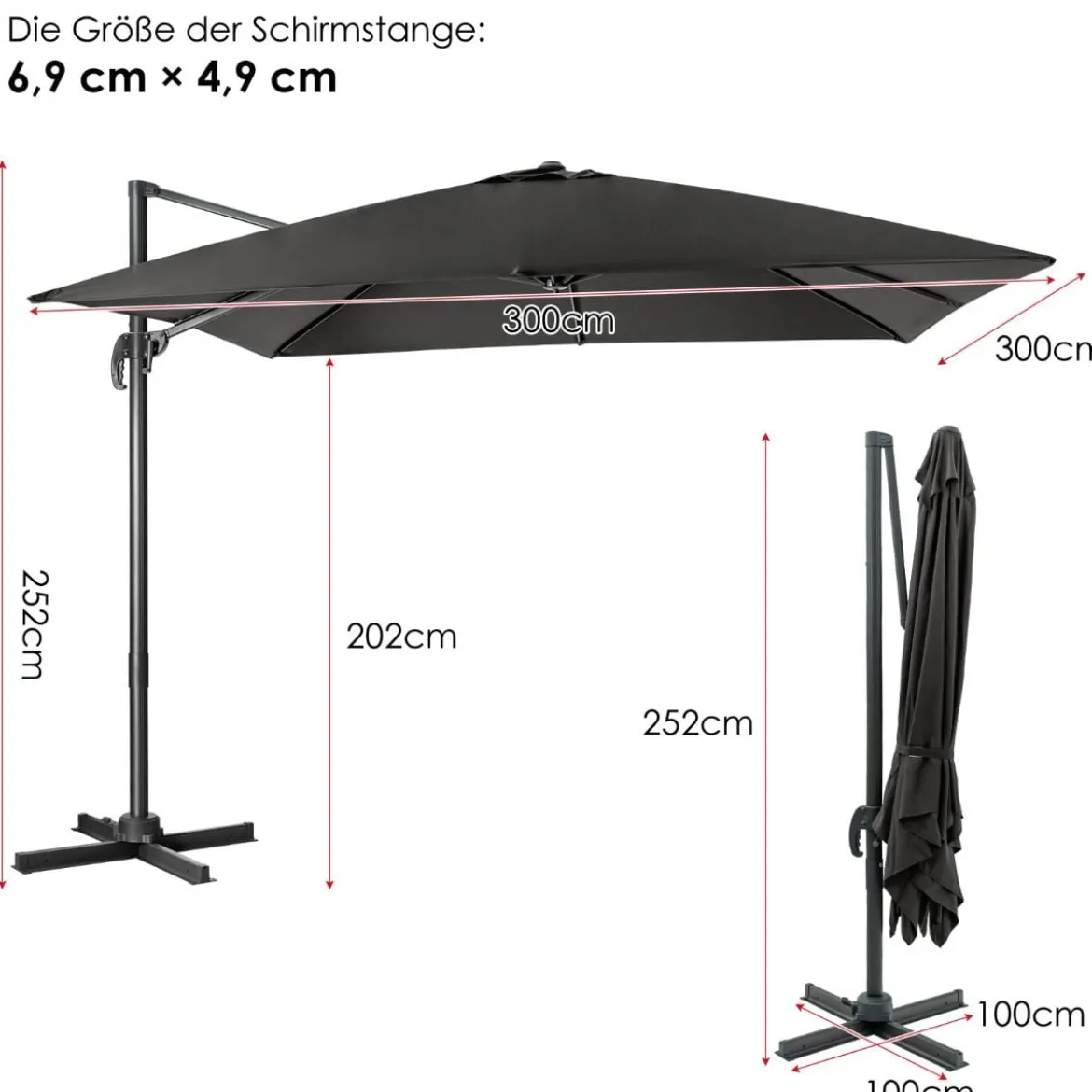 Regenschirm mit 3 Neigungseinstellungen Sonnenschirm Ampelschirm 300 x 300 x 273 cm