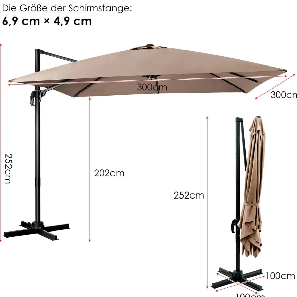 Regenschirm mit 3 Neigungseinstellungen Sonnenschirm Ampelschirm 300 x 300 x 273 cm
