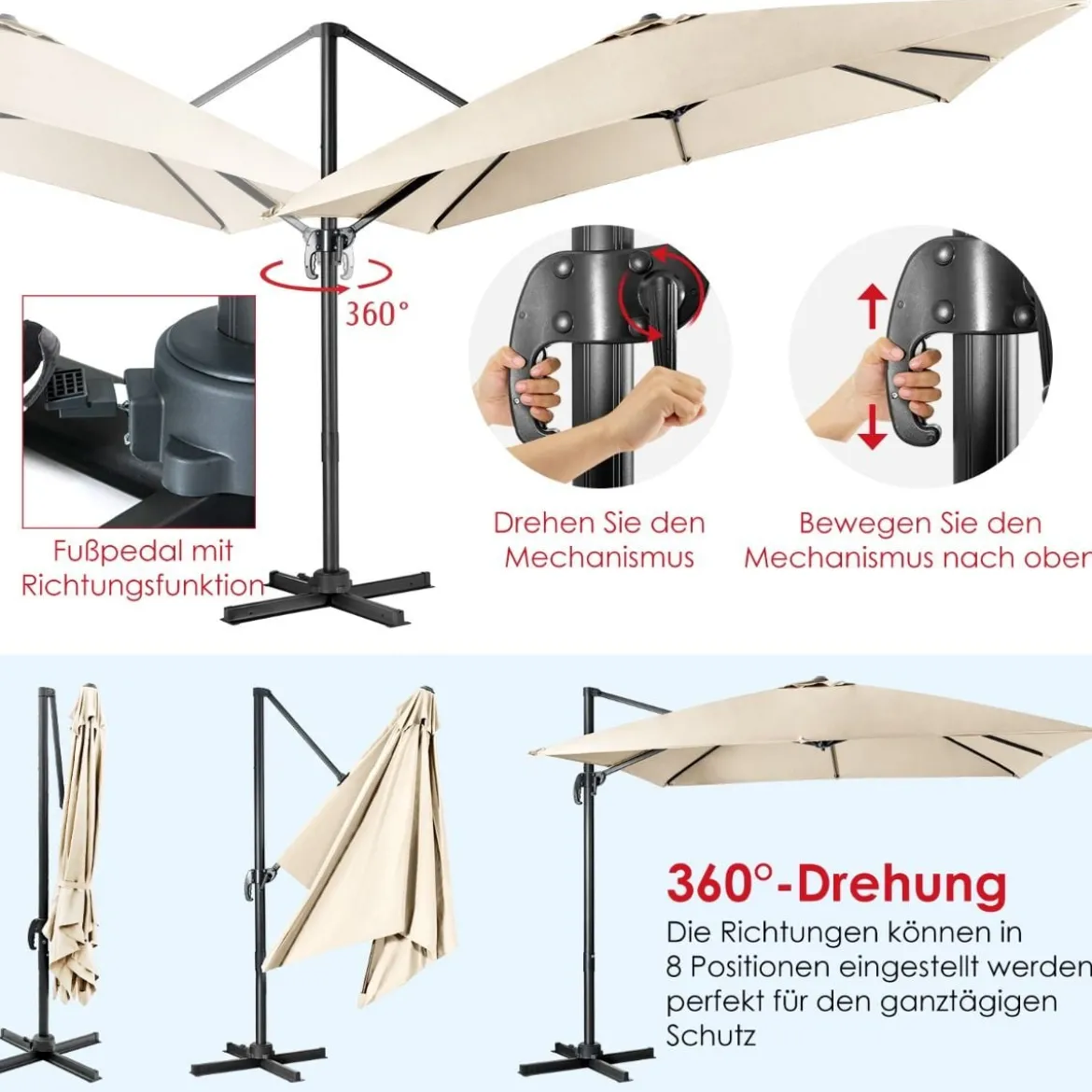 Regenschirm mit 3 Neigungseinstellungen Sonnenschirm Ampelschirm 300 x 300 x 273 cm