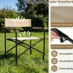 Regiestuhl Klappbar bis 150kg Campingstuhl mit Seitentisch Getränkehalter & Schliz Braun