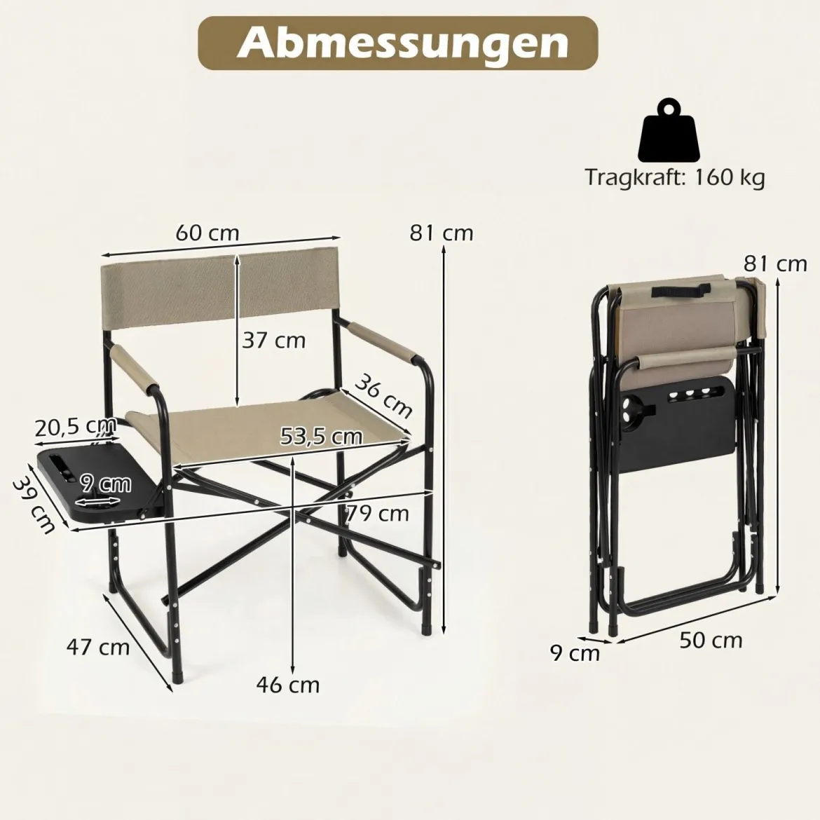 Regiestuhl Klappbar bis 150kg Campingstuhl mit Seitentisch Getränkehalter & Schliz Braun