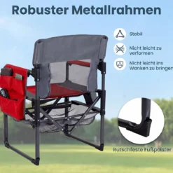 Regiestuhl Klappbar Campingstuhl mit Mesh-Ablage Getränkehalter & Flaschenöffner bis 150 kg Belastbar Rot