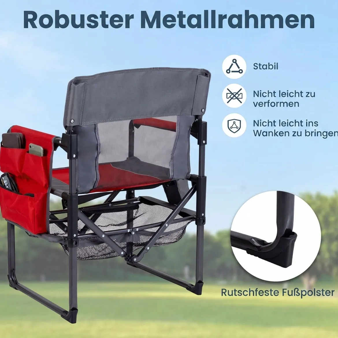 Regiestuhl Klappbar Campingstuhl mit Mesh-Ablage Getränkehalter & Flaschenöffner bis 150 kg Belastbar Rot