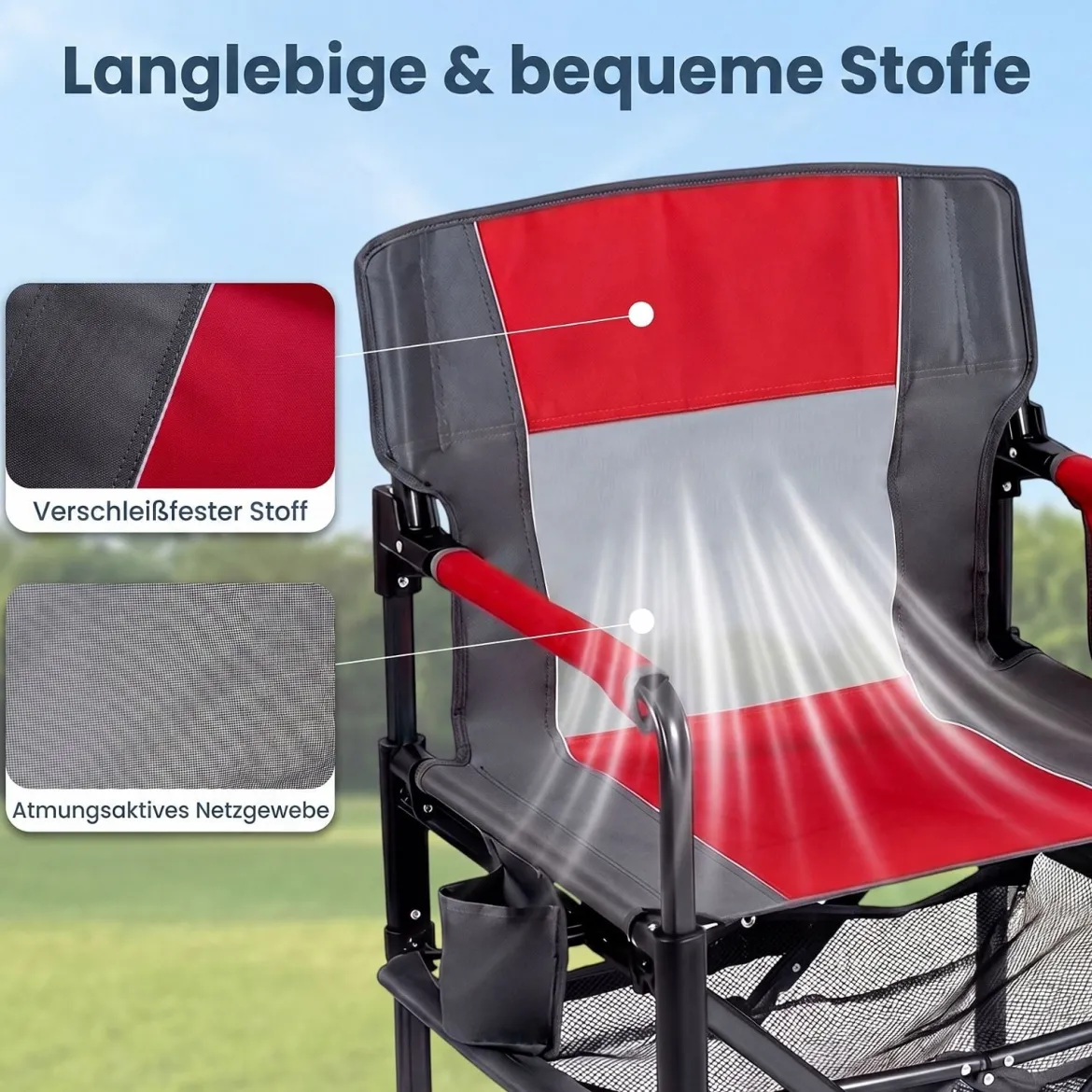 Regiestuhl Klappbar Campingstuhl mit Mesh-Ablage Getränkehalter & Flaschenöffner bis 150 kg Belastbar Rot
