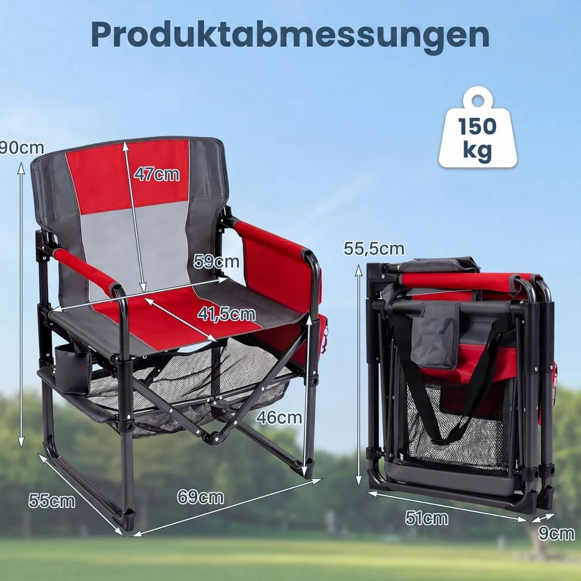 Regiestuhl Klappbar Campingstuhl mit Mesh-Ablage Getränkehalter & Flaschenöffner bis 150 kg Belastbar Rot