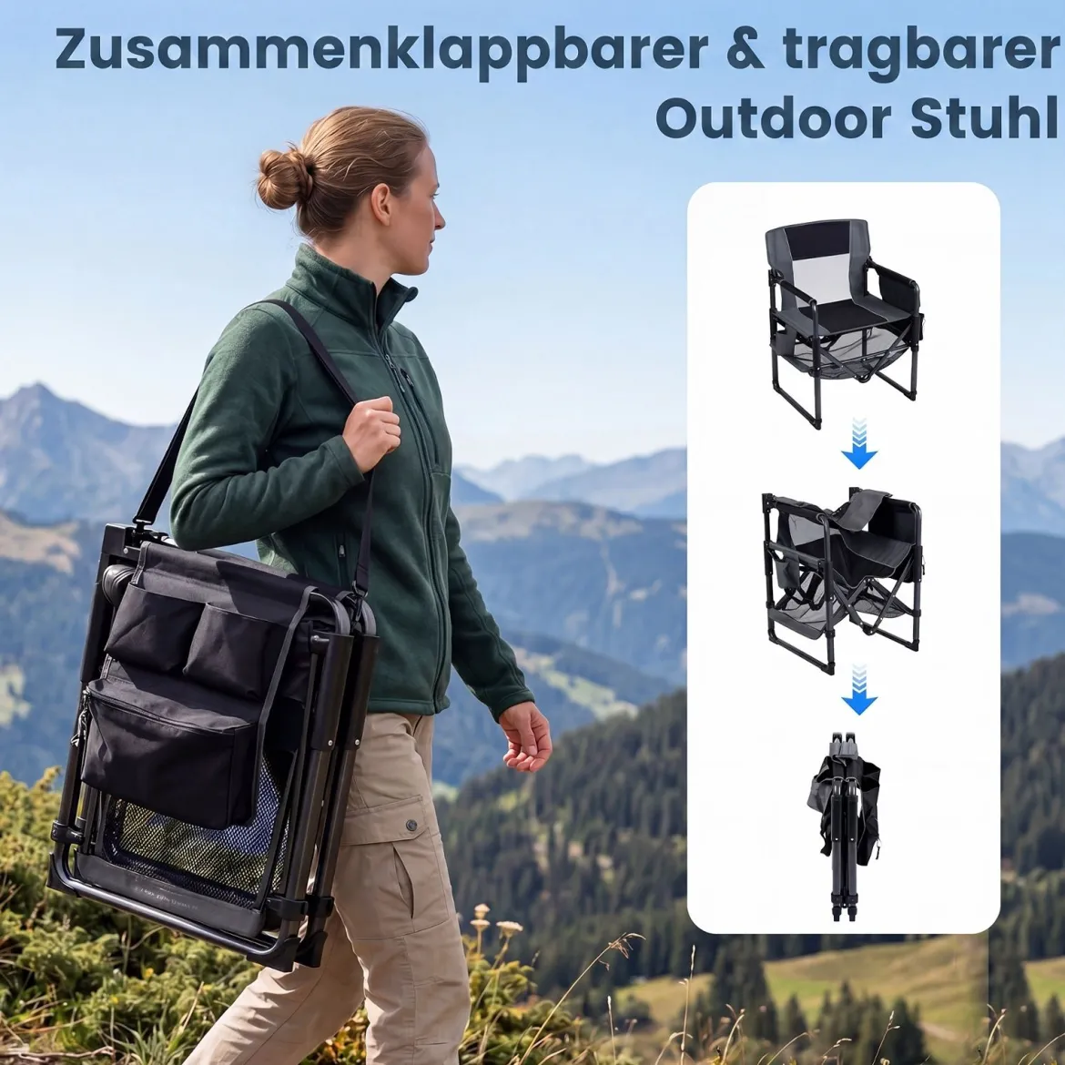 Regiestuhl Klappbar Campingstuhl mit Mesh-Ablage Getränkehalter & Flaschenöffner bis 150 kg Belastbar Schwarz
