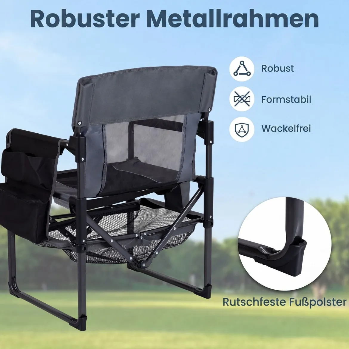 Regiestuhl Klappbar Campingstuhl mit Mesh-Ablage Getränkehalter & Flaschenöffner bis 150 kg Belastbar Schwarz
