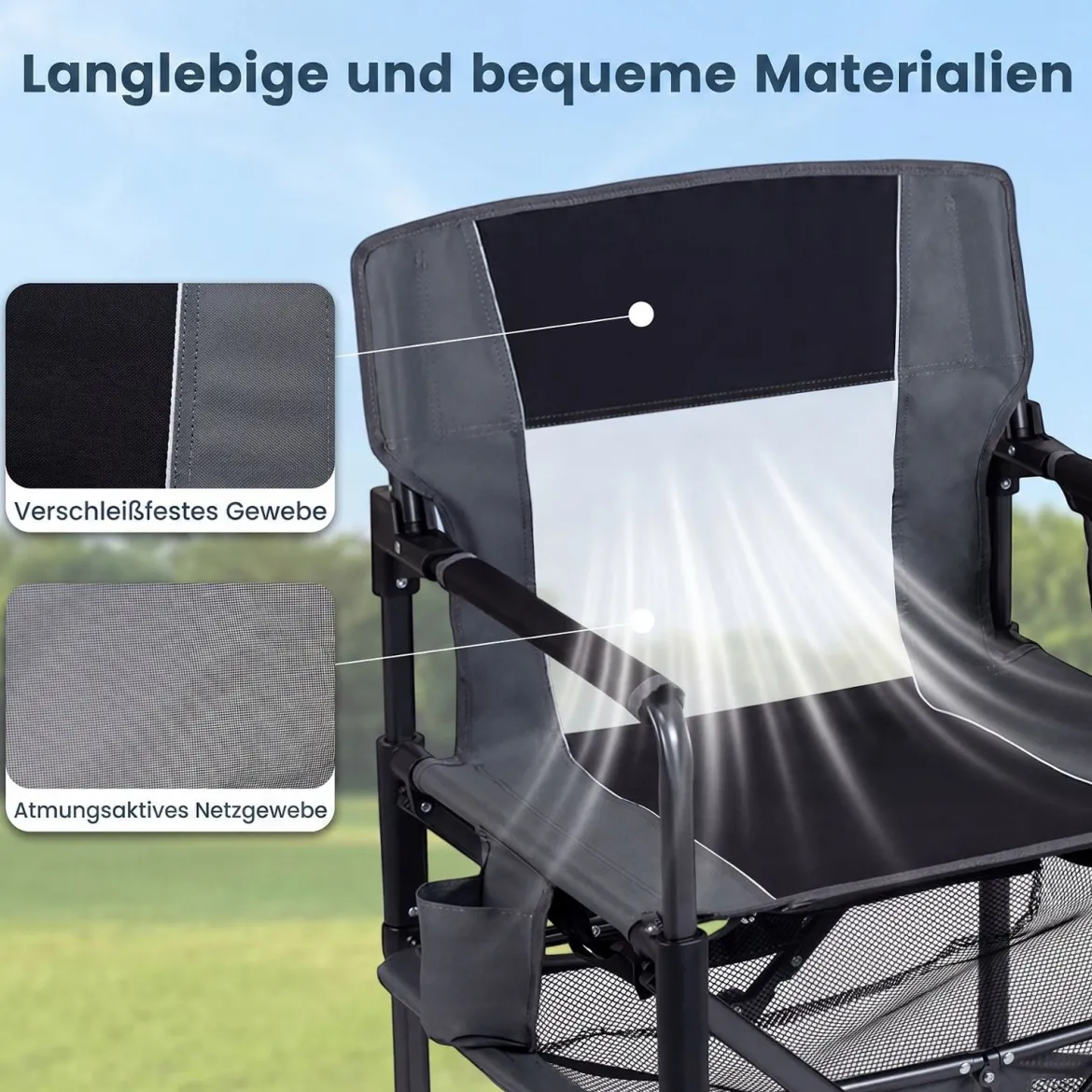 Regiestuhl Klappbar Campingstuhl mit Mesh-Ablage Getränkehalter & Flaschenöffner bis 150 kg Belastbar Schwarz