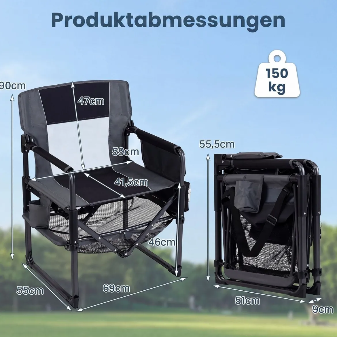 Regiestuhl Klappbar Campingstuhl mit Mesh-Ablage Getränkehalter & Flaschenöffner bis 150 kg Belastbar Schwarz