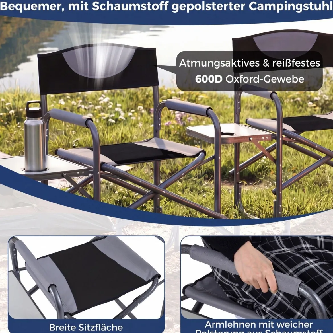 Regiestuhl Klappbarer Campingstuhl mit Seitentisch & Getränkehalter Blau/Schwarz/Grün