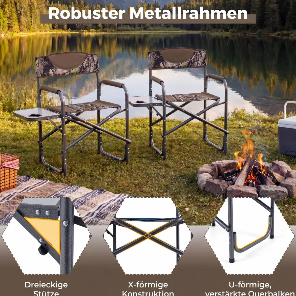 Regiestuhl Klappbarer Campingstuhl mit Seitentisch & Getränkehalter Blau/Schwarz/Grün