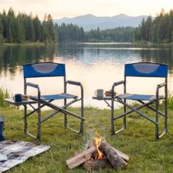 Regiestuhl Klappbarer Campingstuhl mit Seitentisch & Getränkehalter Blau/Schwarz/Grün