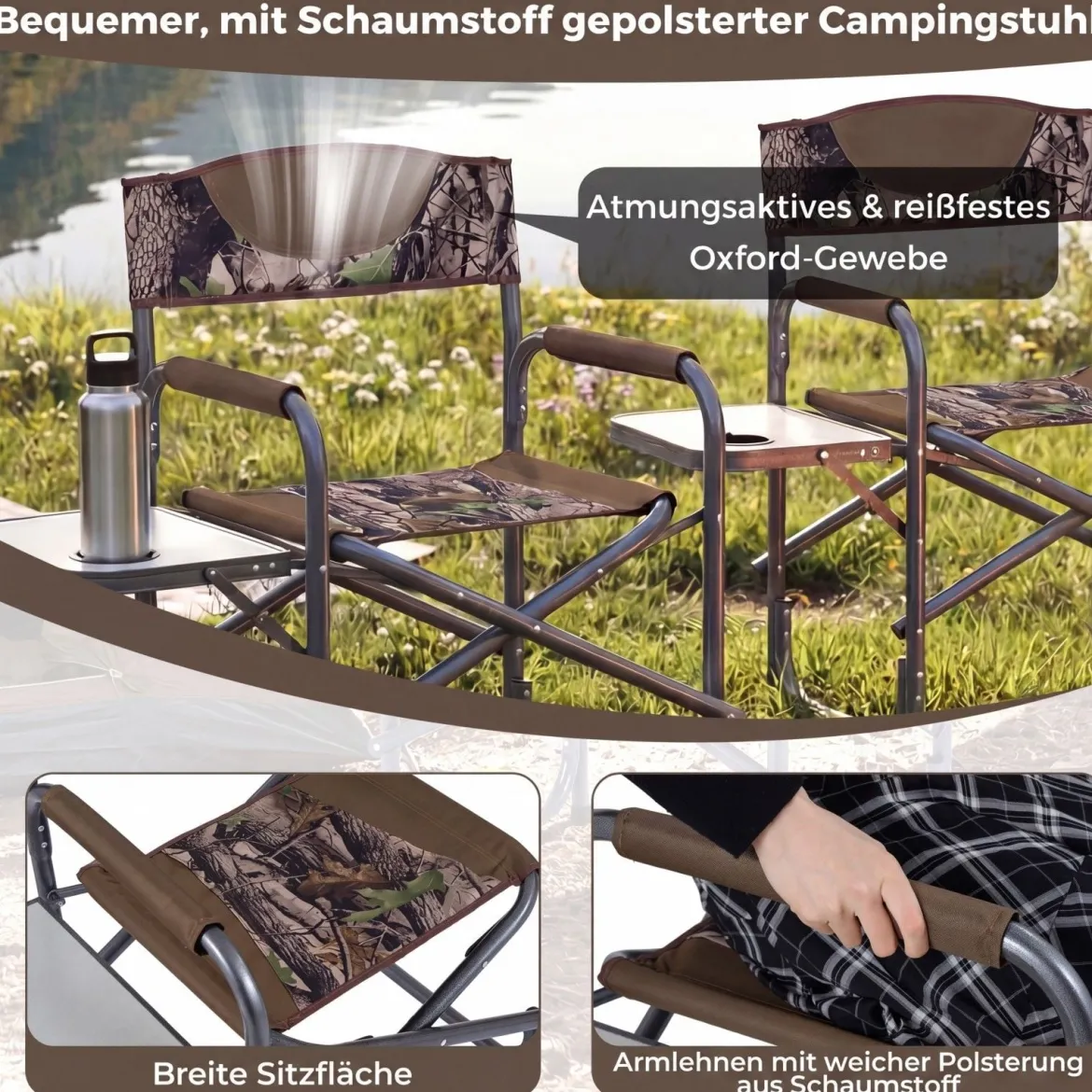 Regiestuhl Klappbarer Campingstuhl mit Seitentisch & Getränkehalter Blau/Schwarz/Grün