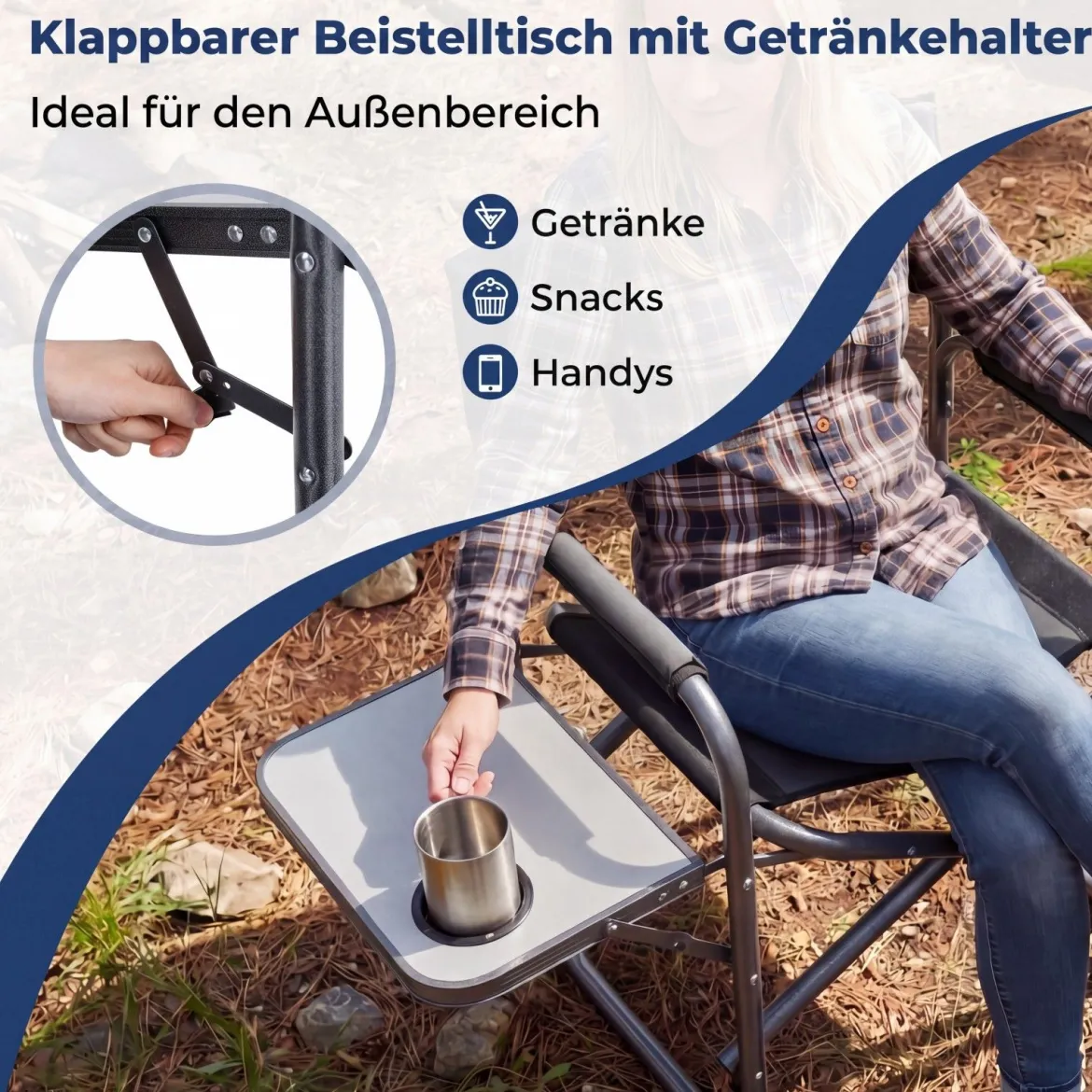 Regiestuhl Klappbarer Campingstuhl mit Seitentisch & Getränkehalter Blau/Schwarz/Grün