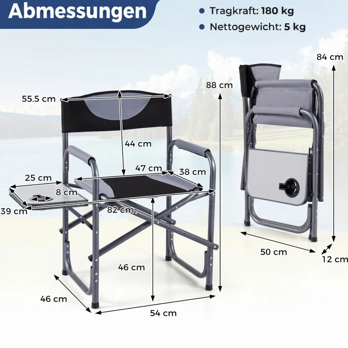 Regiestuhl Klappbarer Campingstuhl mit Seitentisch & Getränkehalter Blau/Schwarz/Grün