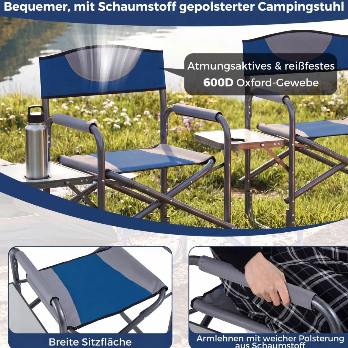 Regiestuhl Klappbarer Campingstuhl mit Seitentisch & Getränkehalter Blau/Schwarz/Grün