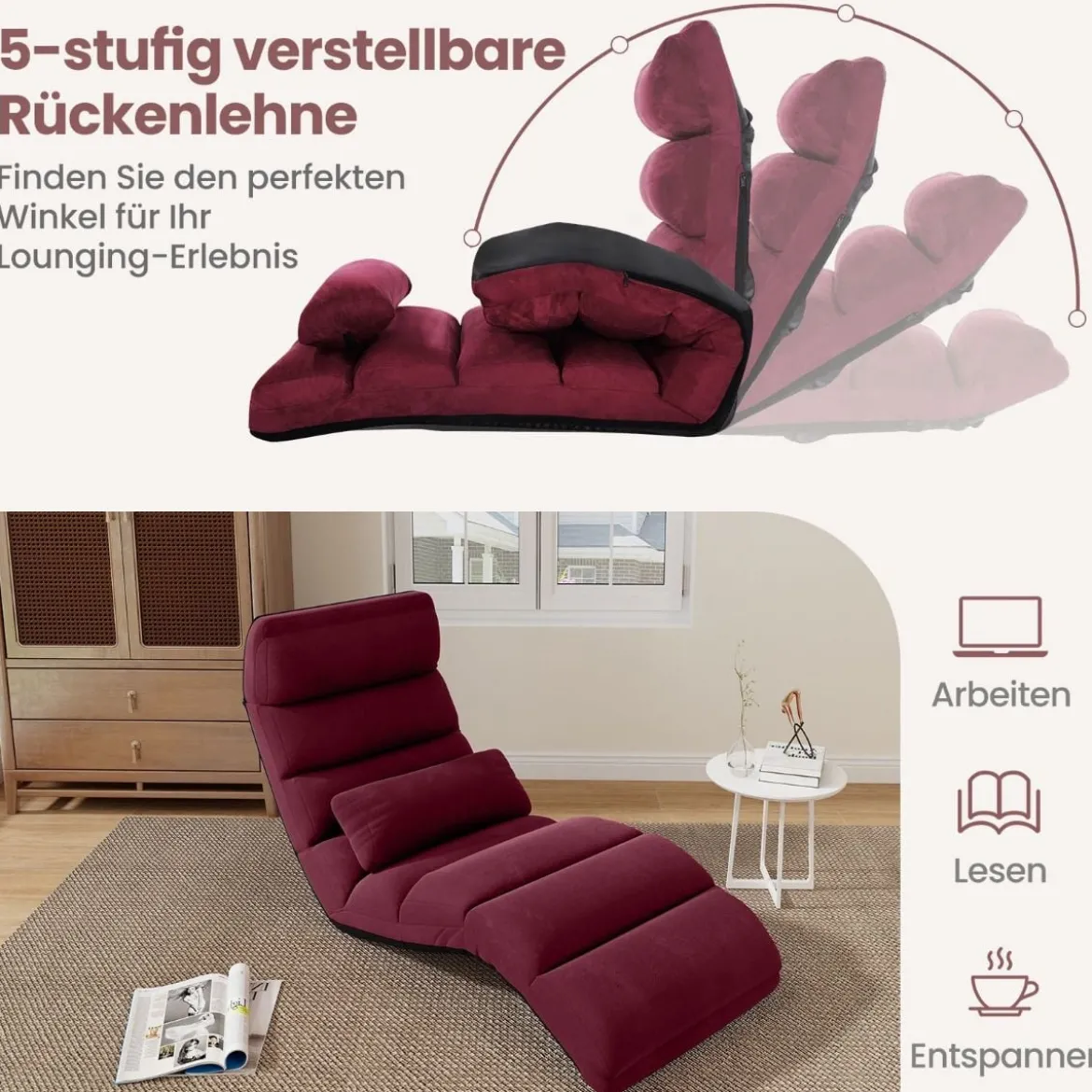 Relaxliege klappbar Bodenstuhl mit Verstellbarer Rückenlehne Rot 175 x 55 x 20 cm